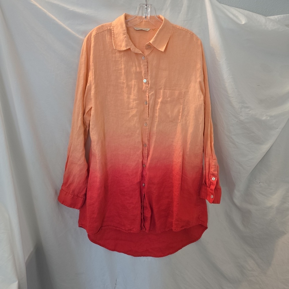 Soft Surroundings 100% Linen Ombre Top Shirt Long Sleeve High Low Hem L Peach - Picture 2 of 12